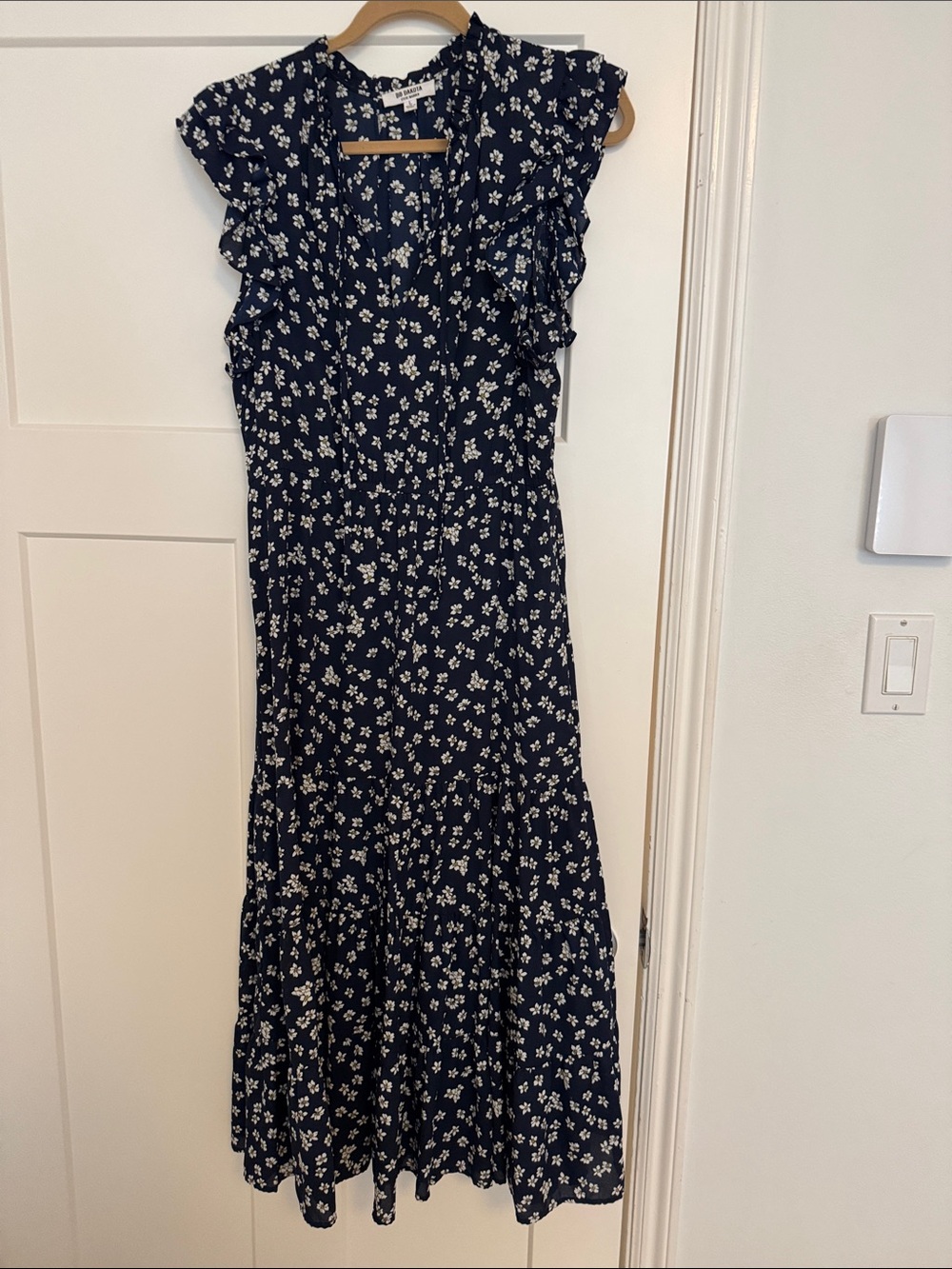 BB Dakota Navy and White Floral Maxi Dress with Ruffle Shoulders